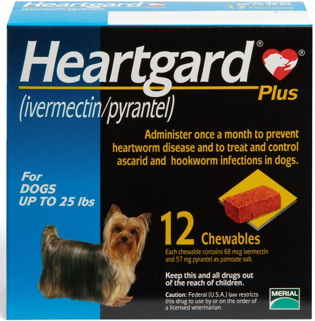 Heartgard Plus Chewable Tablets for Dogs up to 25 lbs Blue Box